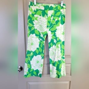 TRINA TURK Green & White Floral Flat Front Wide Leg Crop Pants